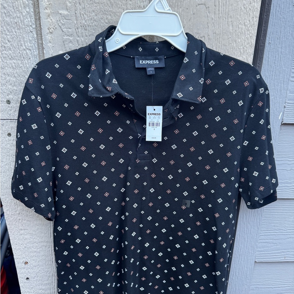 Express Men's Polo with Black and White Diamond Pattern